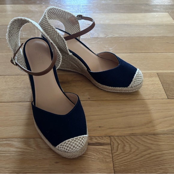 LOFT Navy and Cream Espadrille Wedges - Picture 1 of 5